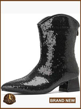 Women's Sequin Sparkly Ankle Boots Chunky Heels Pointed Toe Cowboy Booties